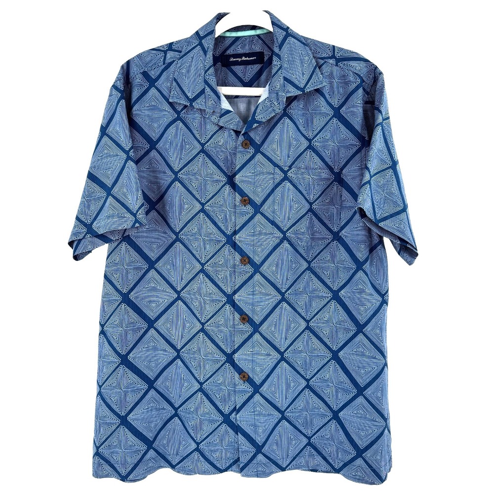 Tommy Bahama Doric Diamond 100% Silk Camp Shirt Men's Medium Blue Resort Wear